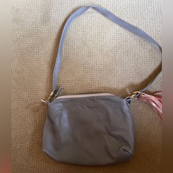 Leather medium size gray purse with copper sash. - Picture 1 of 3